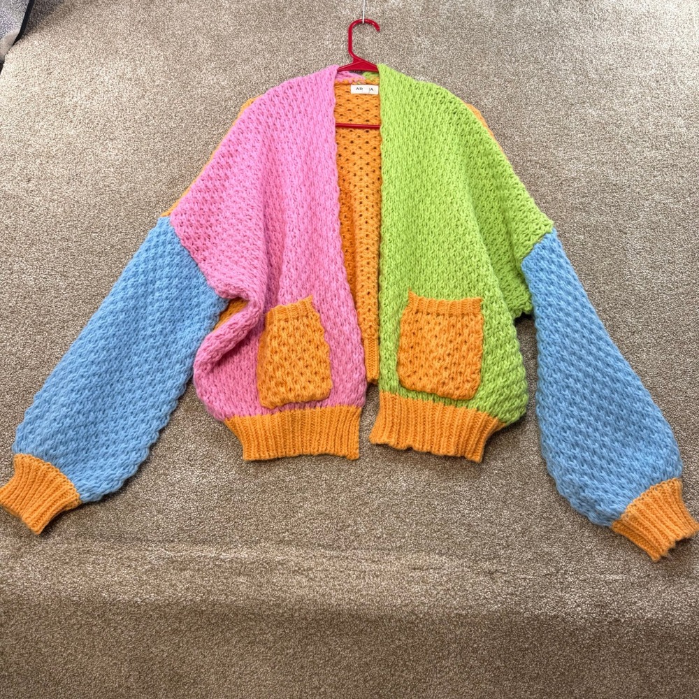 ADORA Women Multi Colorblock Chunky Knit Cardigan Sweater M L Pocket Oversized